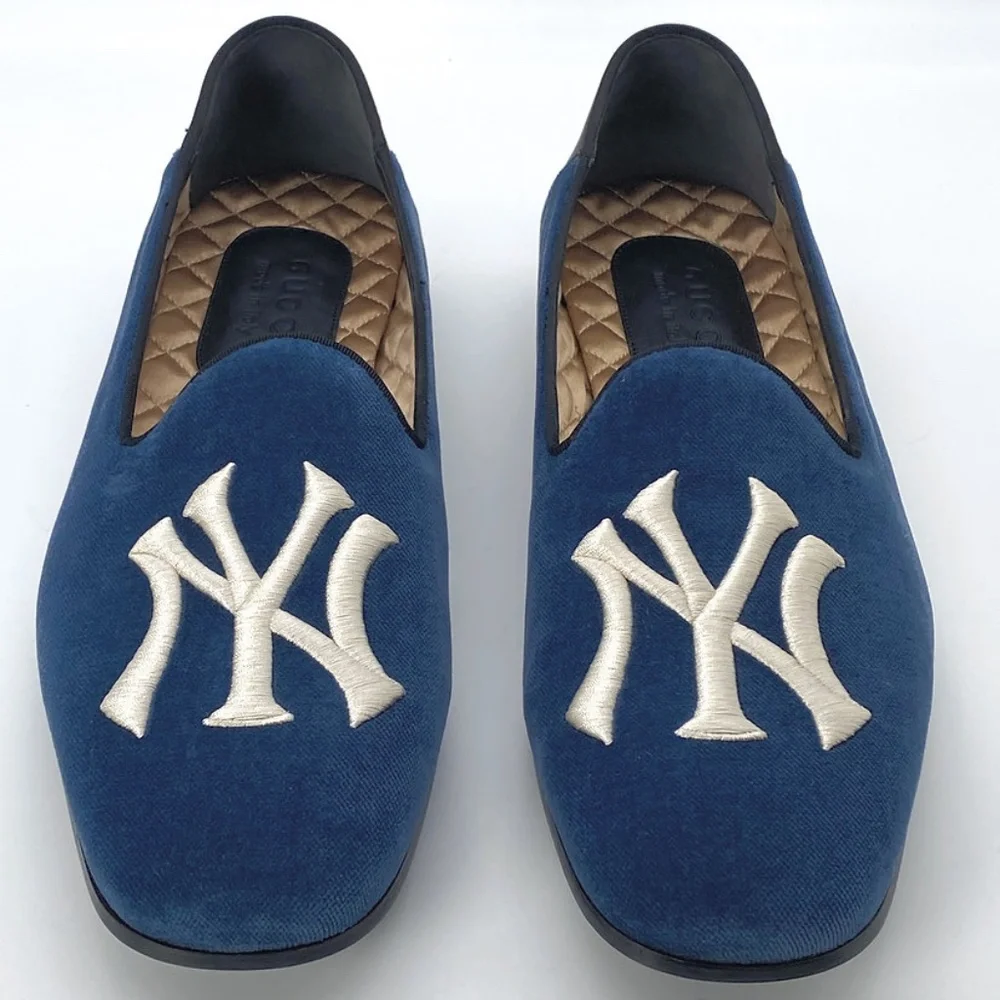 Gucci Blue Velvet New York Yankees Loafers Shoes - Picture 1 of 10